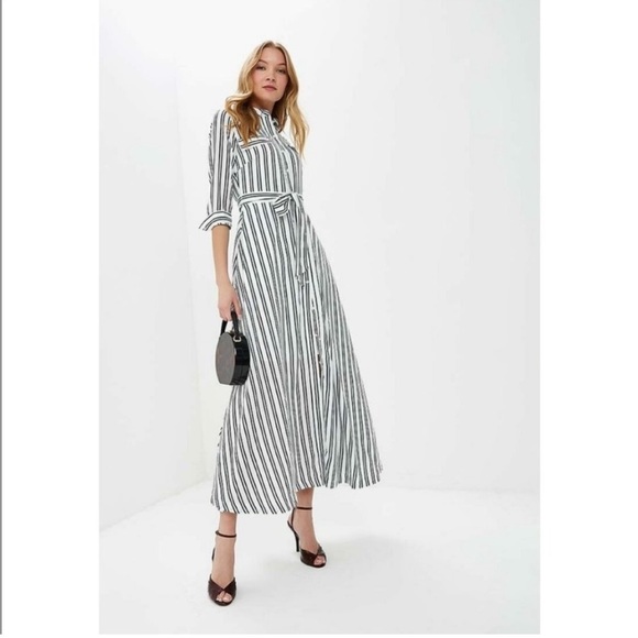 Banana Republic Dresses & Skirts - Banana Republic Maxi Dress Long Sleeve Belted Striped White Black Button Down 6